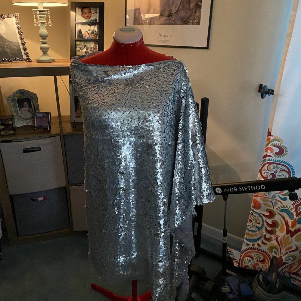 Evie Foster original silver sequin shoulder cocktail dress